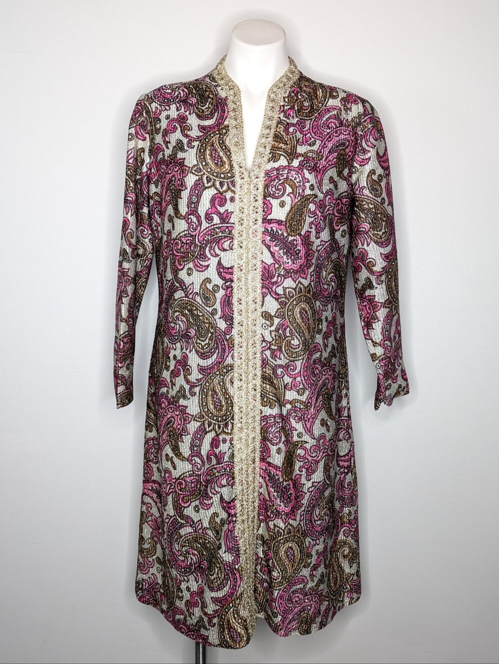 Vintage Silver Pink Gold Shimmer 60s 70s Paisley Long Sleeve Midi Dress L/XL
